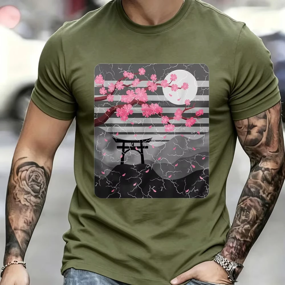 Japanese Sakura Torii Gate Full Moon Retro Texture Graphic T Shirt Unisex Cotton Tee Asian Aesthetic Casual Fashion Wear Tops