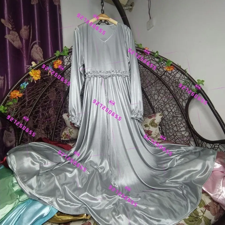 Vestido feminino de manga comprida de cetim, vestido maxi solto babados, robe de dormir brilhante, plus size