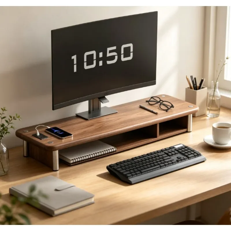 Solid Wood Monitor Stand Riser with Support Shelf for Desktop PC, Laptop, Ergonomic Screen Riser Organizer for Office Desk