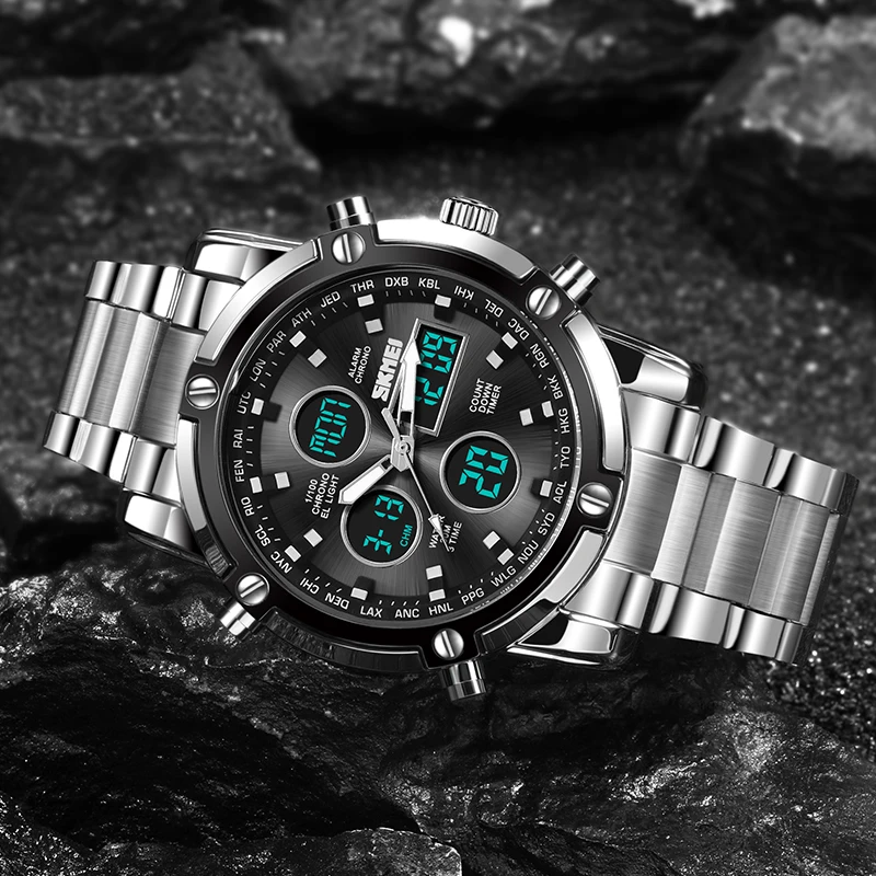 Skmei 3 Time Back Light Display Digital Watches Mens Full Steel Strap Quartz Wristwatch Countdown Clock Relogio Masculino