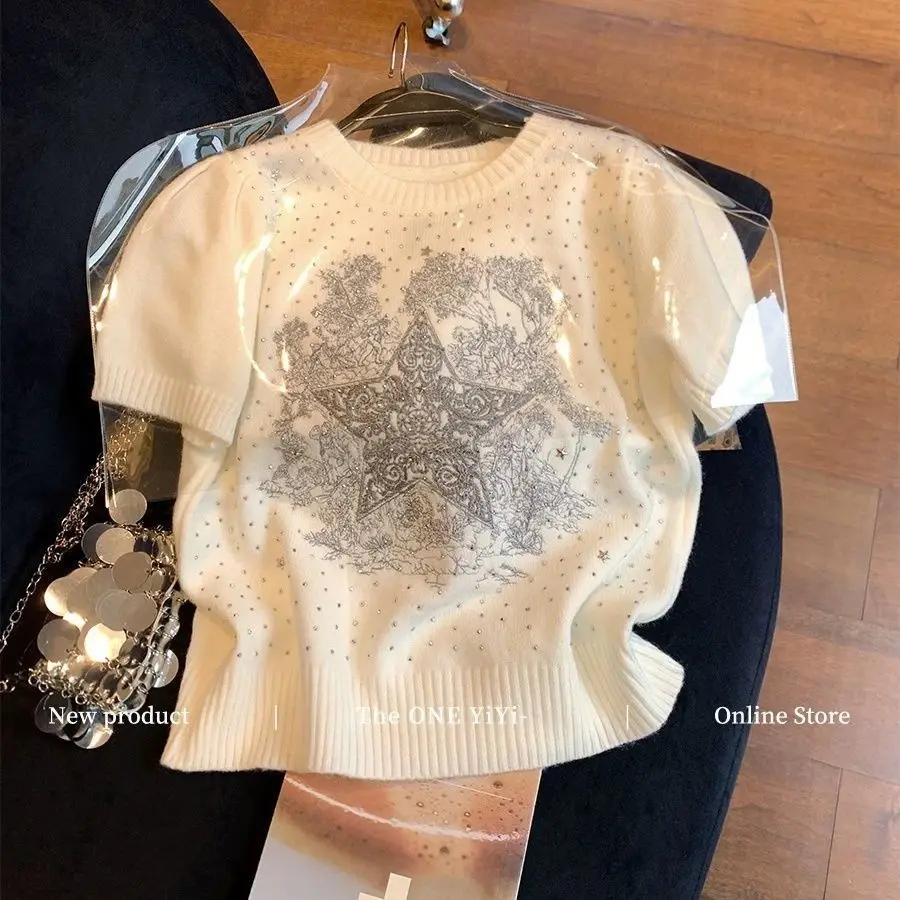 Heavy Star Print Sweater Women - Short Sleeve Knit Pullover, Y2K Premium Casual Top, Figure Flattering Blouse, Summer Trendy Lay