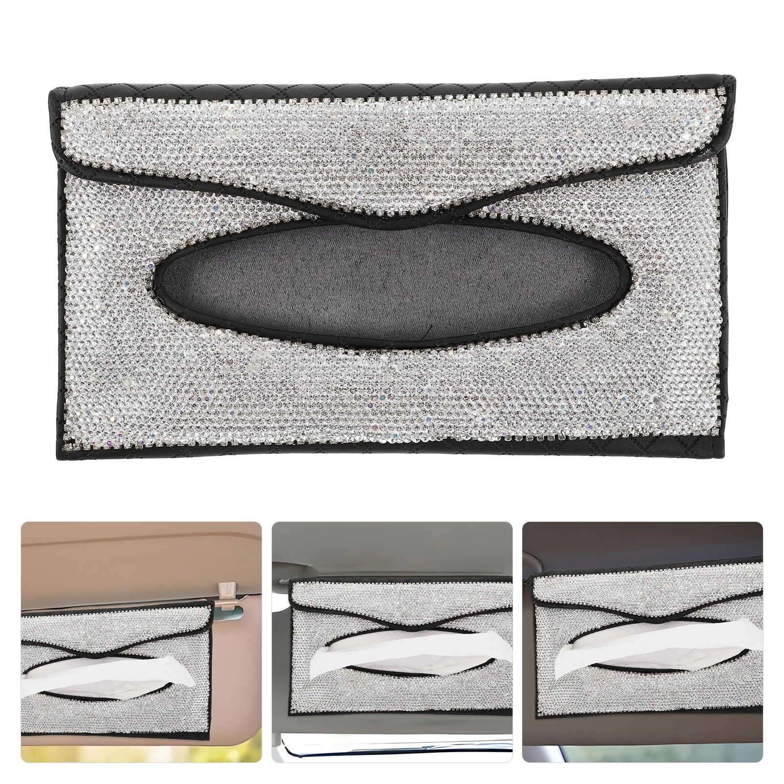

Car Tissue Box Holder Black Rhinestone Pu Material Hanging Napkin Storage For Sun Visor Car Organization Accessories Decor