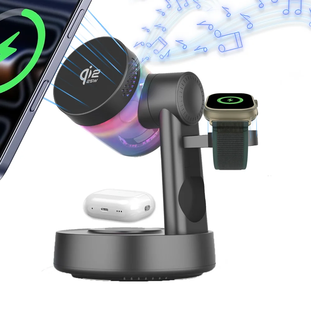

Беспроводное магнитное зарядное устройство Qi2 25 Вт с RGB-подсветкой и Bluetooth-колонкой для iPhone (17~12), Apple Watch и Samsung, быстрая зарядка для AirPods Pro