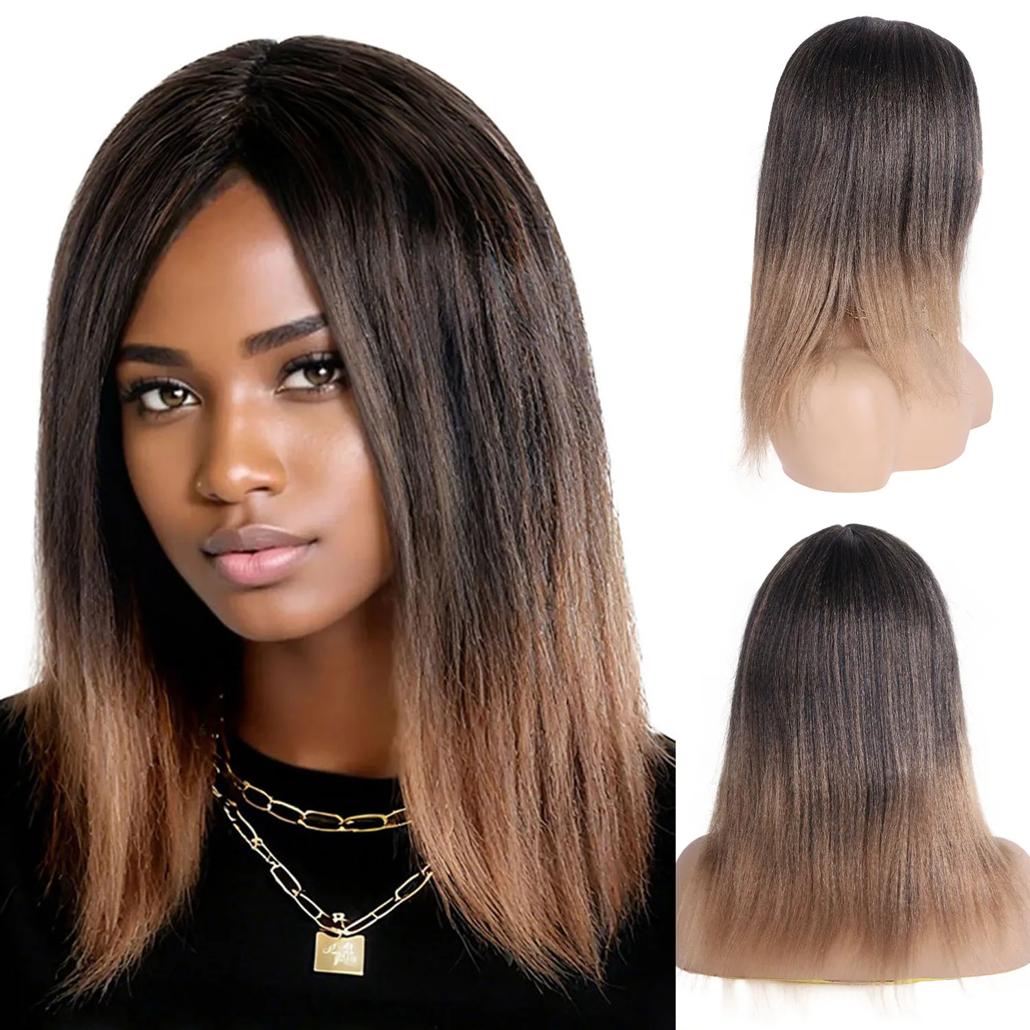 

Long Kinky Straight Wig Synthetic Hair Ombre Light Brown Wigs for Black Women Ready To Go Yaki Straight Wig Glueless 20 Inch