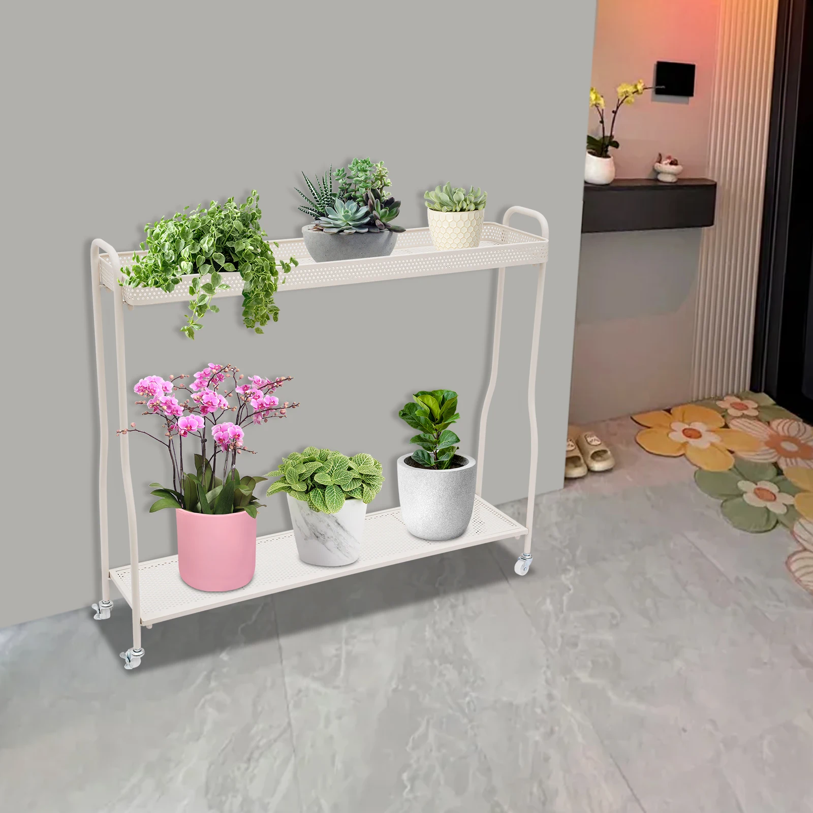 

Rolling Plant Stand with 4 Wheels, 2-Tier Mobile Flower Display Rack with Brakes & Mesh Shelf, for Indoor Potted Plants