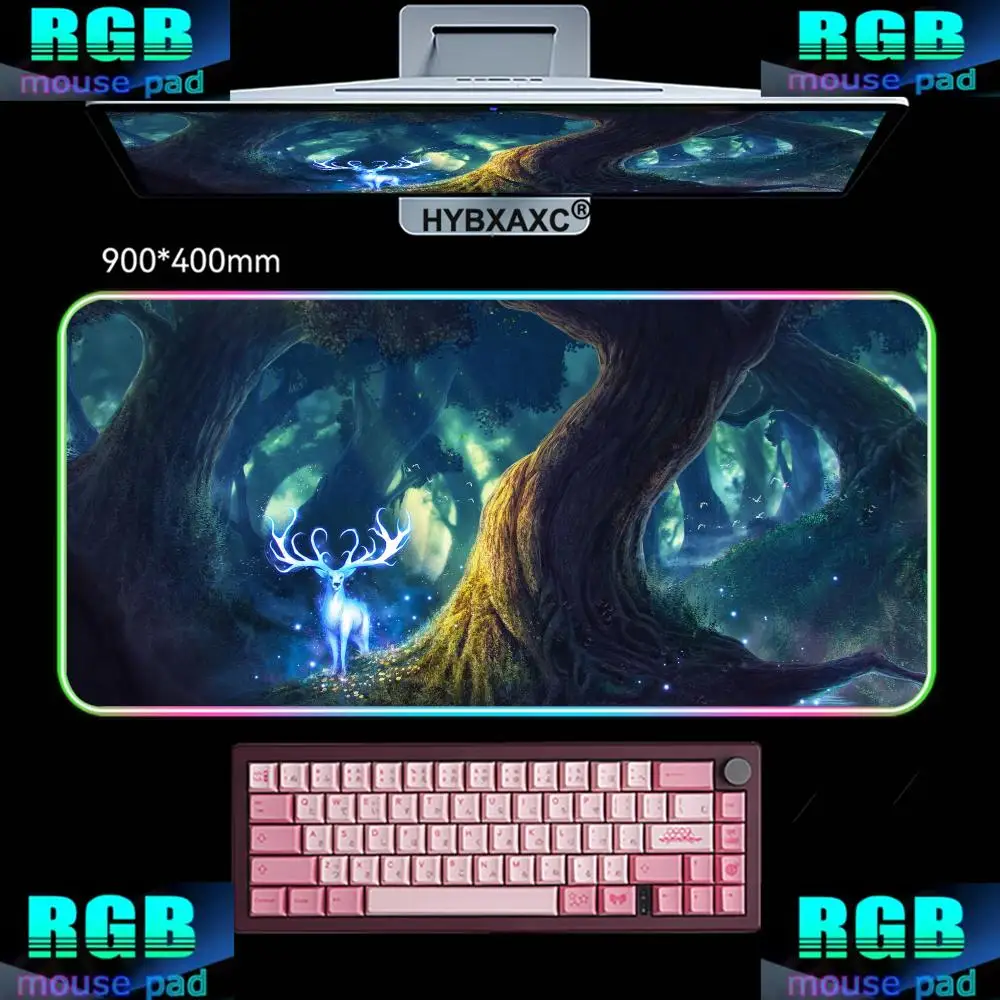 HYBXAXC Magic Forest Tree  Mouse Pads RGB Gaming Mouse Pad Desk Mat HD Gamer Large LED Light XXL