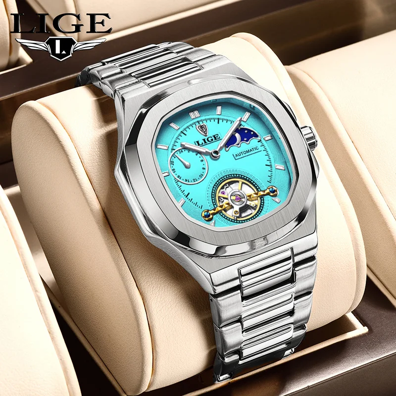 LIGE Man Watch Luxury Business Sky Blue Movement Stainless Steel Mechanical Watches Fashion Moon Phase Automatic Men's Watches