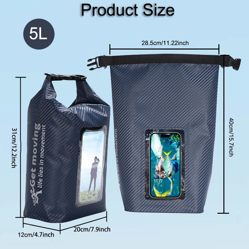 Borsa a secchiello impermeabile Roll Top da 3L, 5L, borsa impermeabile quadrata in fibra di carbonio, custodia impermeabile per escursioni, alla deriva