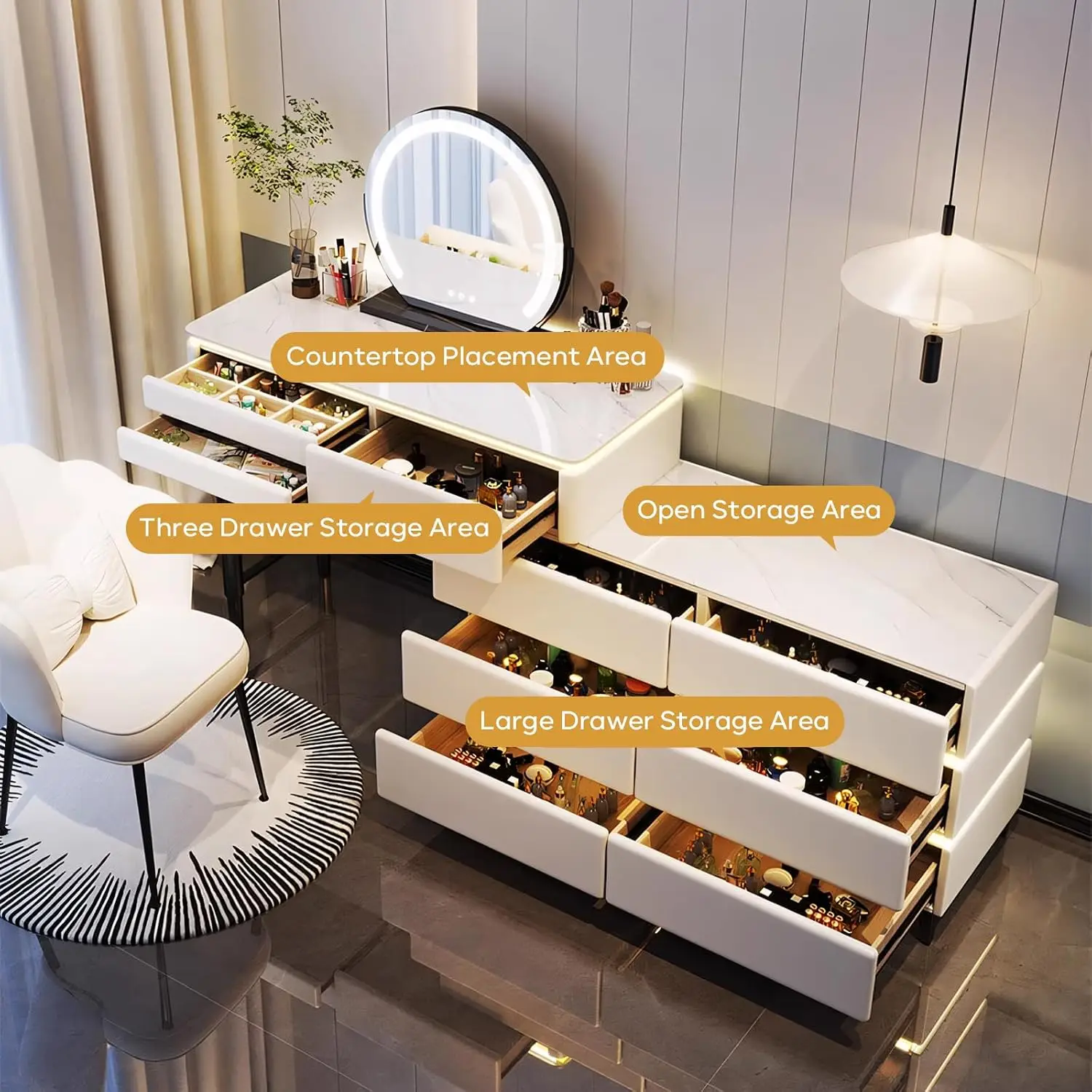Makeup Vanity Desk, Modern Dressing Table with Smart Mirror and Rock Slab Countertop, Solid Wood Frame Vanities Includes LED Amb