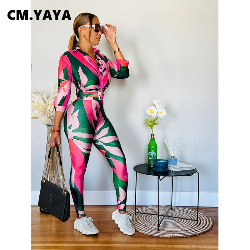 Cm.Yaya Streetwear Leaf Printed Women Legging Pants Suit And Long Sleeve Shirt Fashion Casual Two 2 Piece Set Outfits Tracksuit