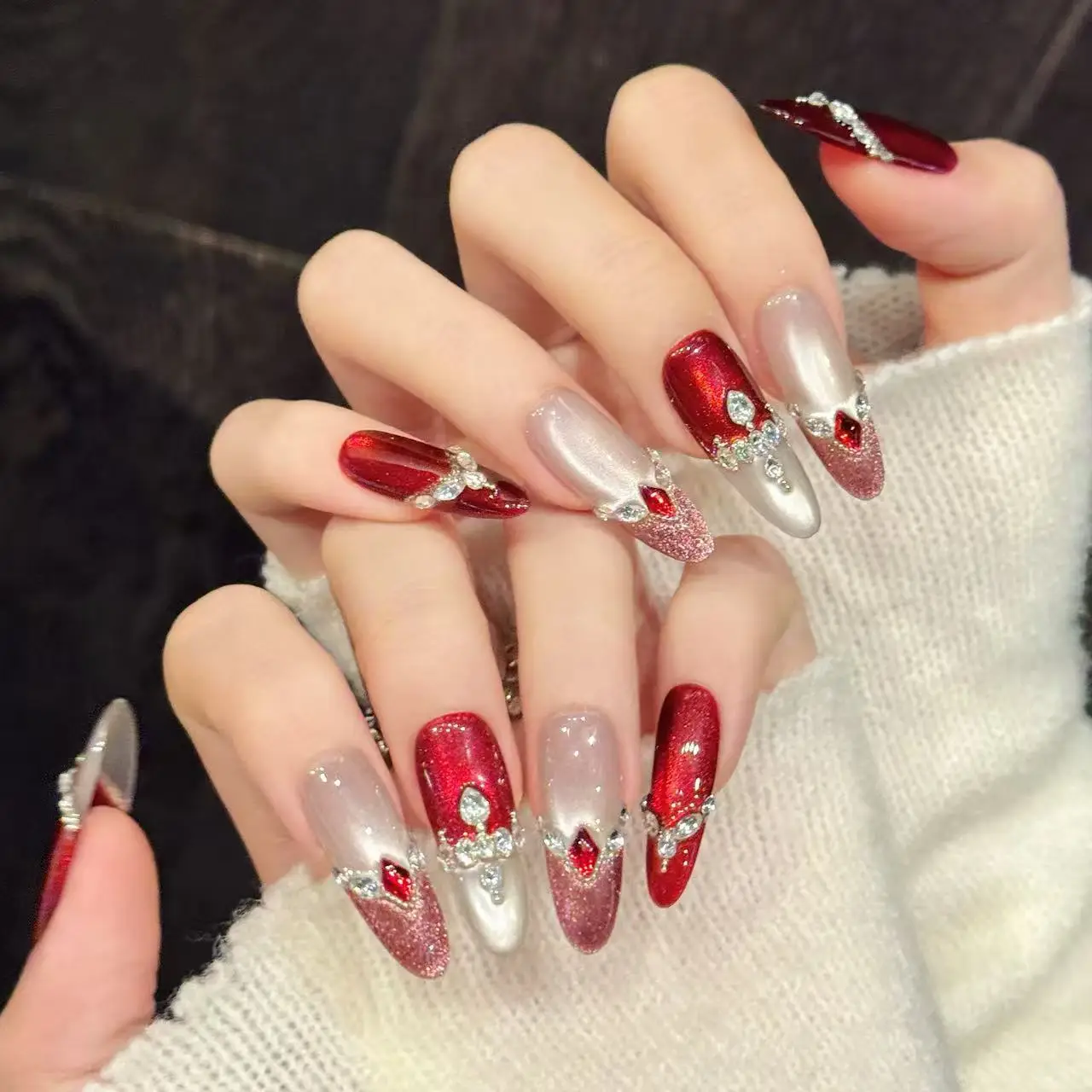 10 PCS Luxury Handmade Press on Nails Long Oval Ins Style Red Cat's Eye Design with 4-PIECE Tool Adhesive Nail Glue Tabs