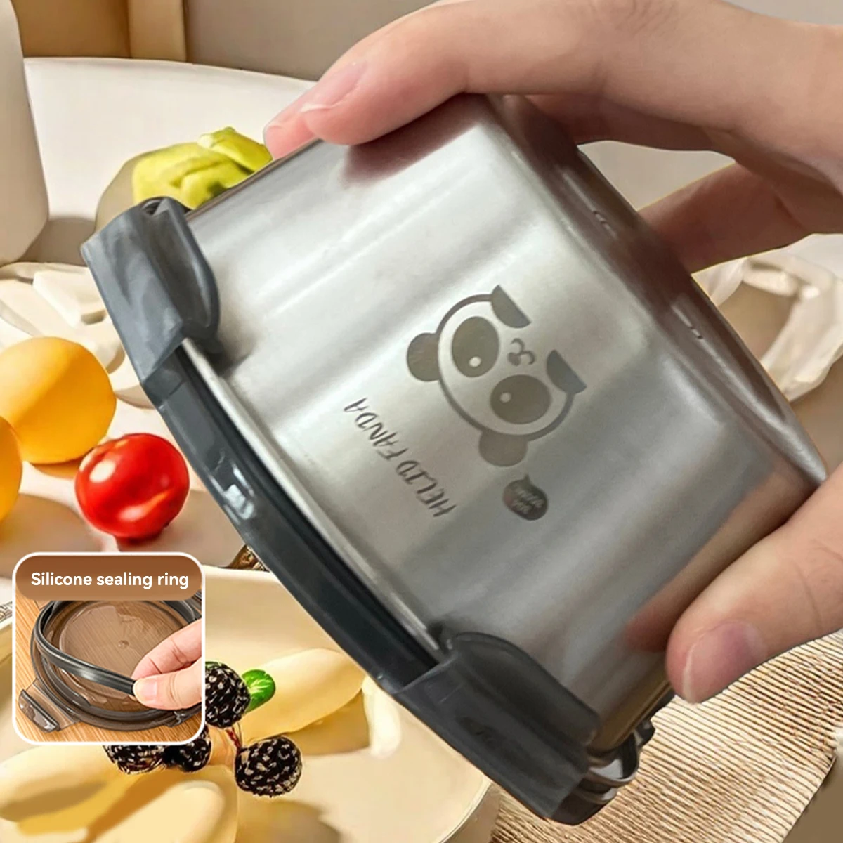 WORTHBUY Versiegelter Lunchbehälter mit Deckel, 304 Edelstahl, runde Lunchbox, Kühlschrank, Frischhaltebox, mikrowellen- und ofensicher – Detail 5