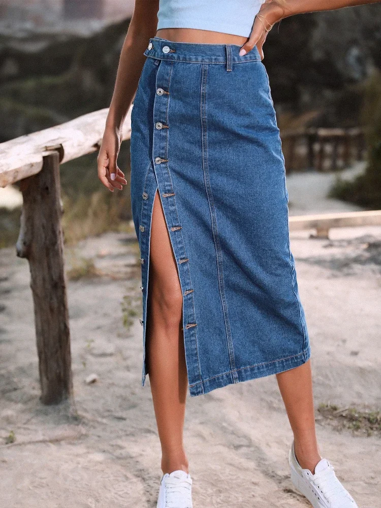 2022 Women\'s Button A-line Side Split High Waist Denim Skirt Office Lady Black Blue Midi Jean Skirts Autumn Winter Long Skirt