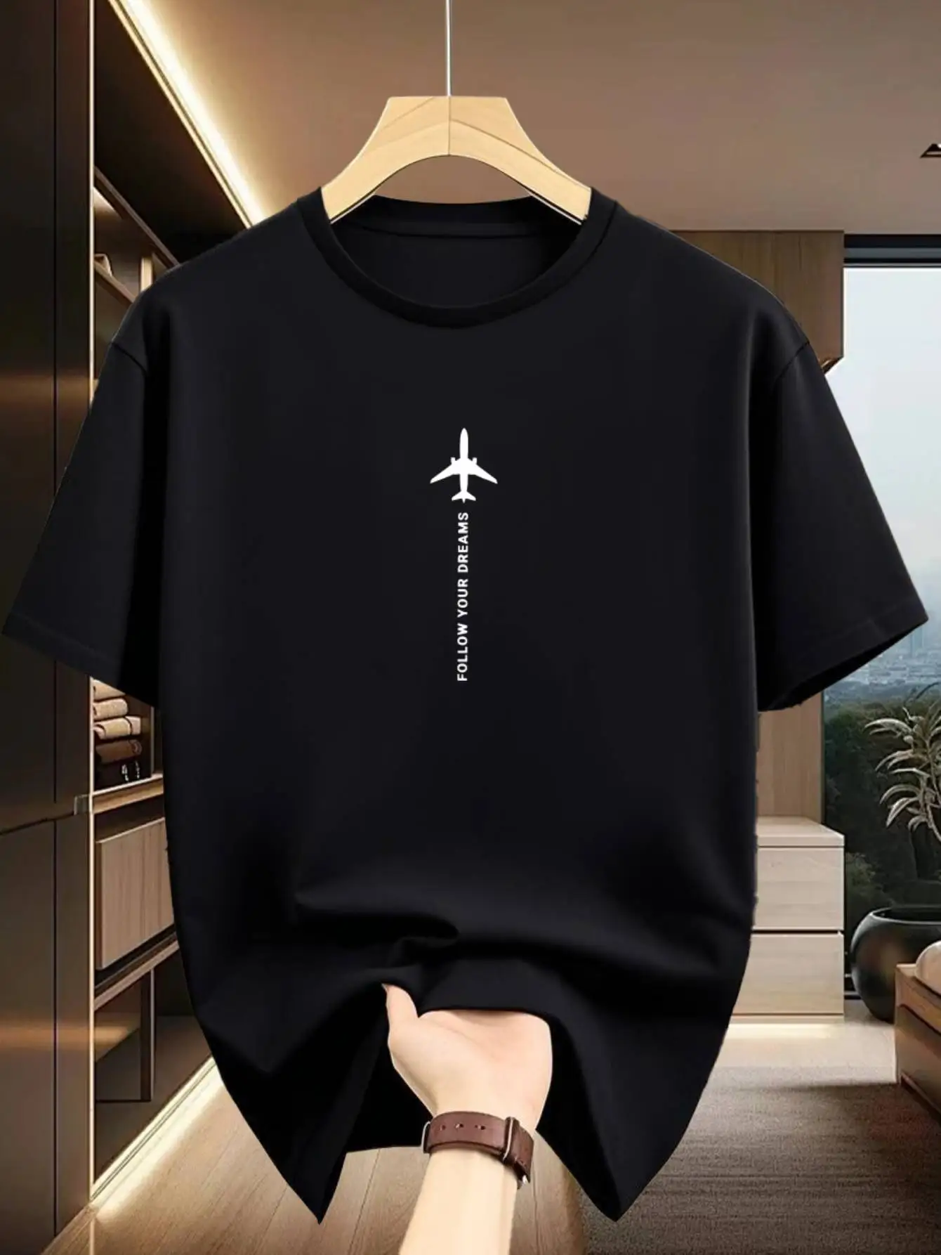 Summer 100% Pure Cotton Men's Casual Loose Fashion Airplane Letter Printed Breathable Sports Short-Sleeved Round Neck T-Shirt