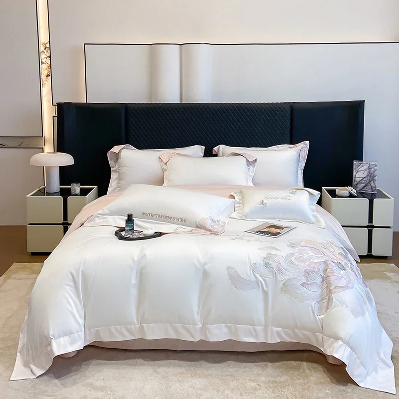 100% Egyptian Cotton Flowers Embroidery Luxury Bedding Set Double Queen King Duvet Cover Flat/Fitted Bed Sheet Pillowcases 4Pcs