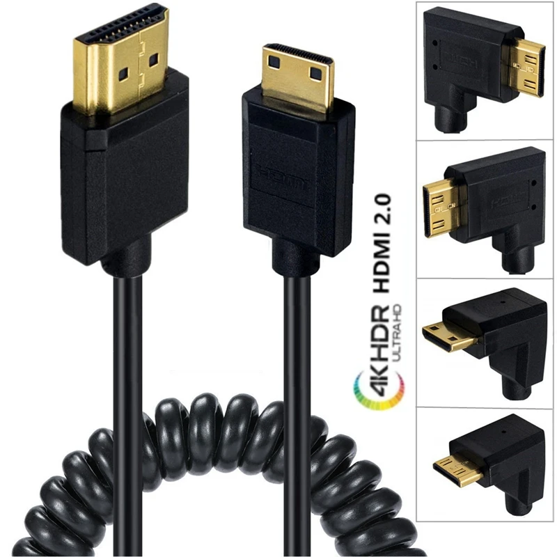 4K * 2K @ 60HZ OD 3.2mm Mini HDMI do HDMI kompatybilny kabel spiralny HDMI 2.0 do 90 stopni Mini HDMI Stretch kabel sprężynowy