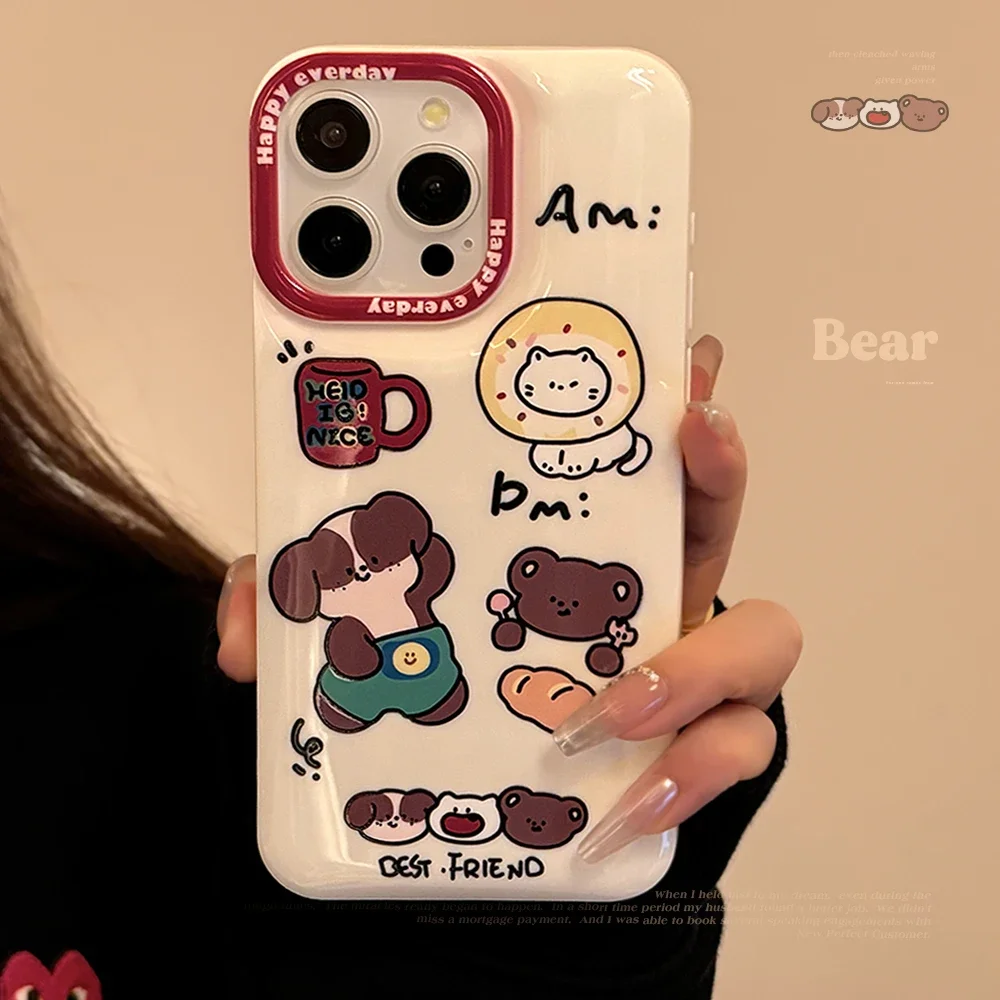 Luxury Gloss Oil Greedy Bear Meow Phone Case for iPhone 15 14 13 12 11 Pro Max Plus White Bread Shell Bumper Cover