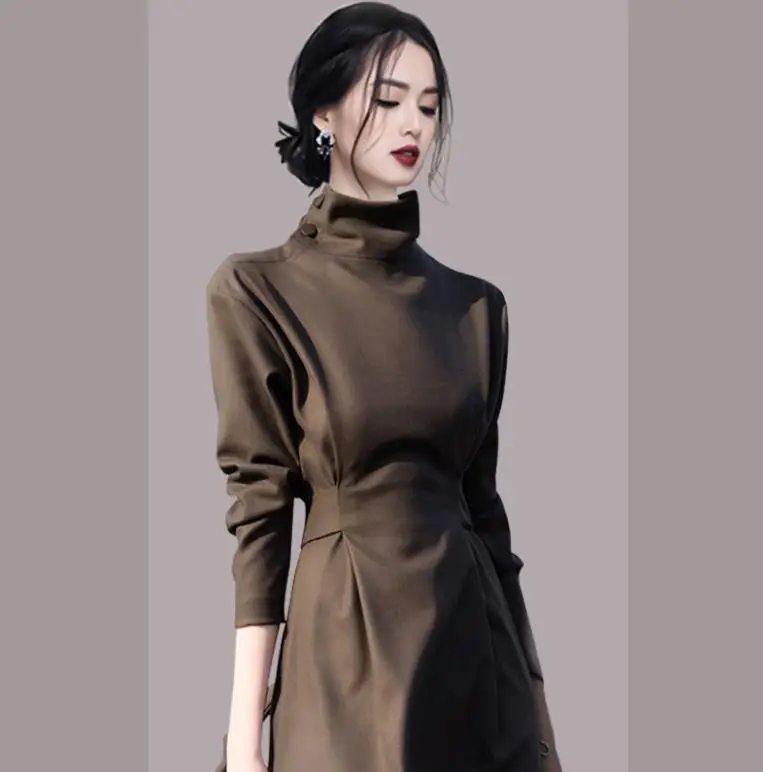 

New Elegant Women's Dress Autumn/Winter Long Sleeve High Collar Dress Design Sense Office Casual Wear