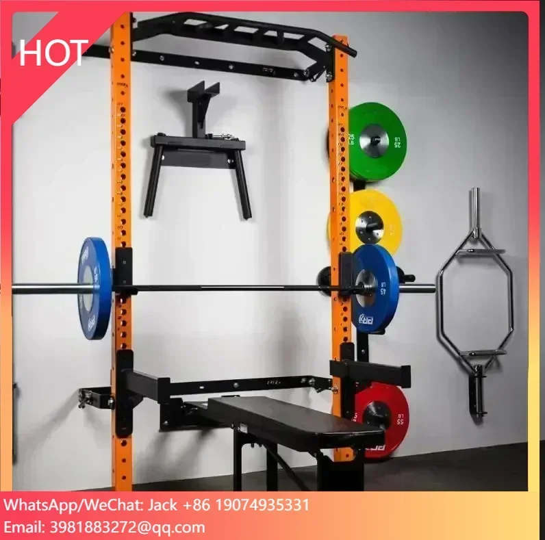 

Gym and Home Use Fitness Equipment Wall Mounted Folding Power Squat Rack with Multi-grip Bar