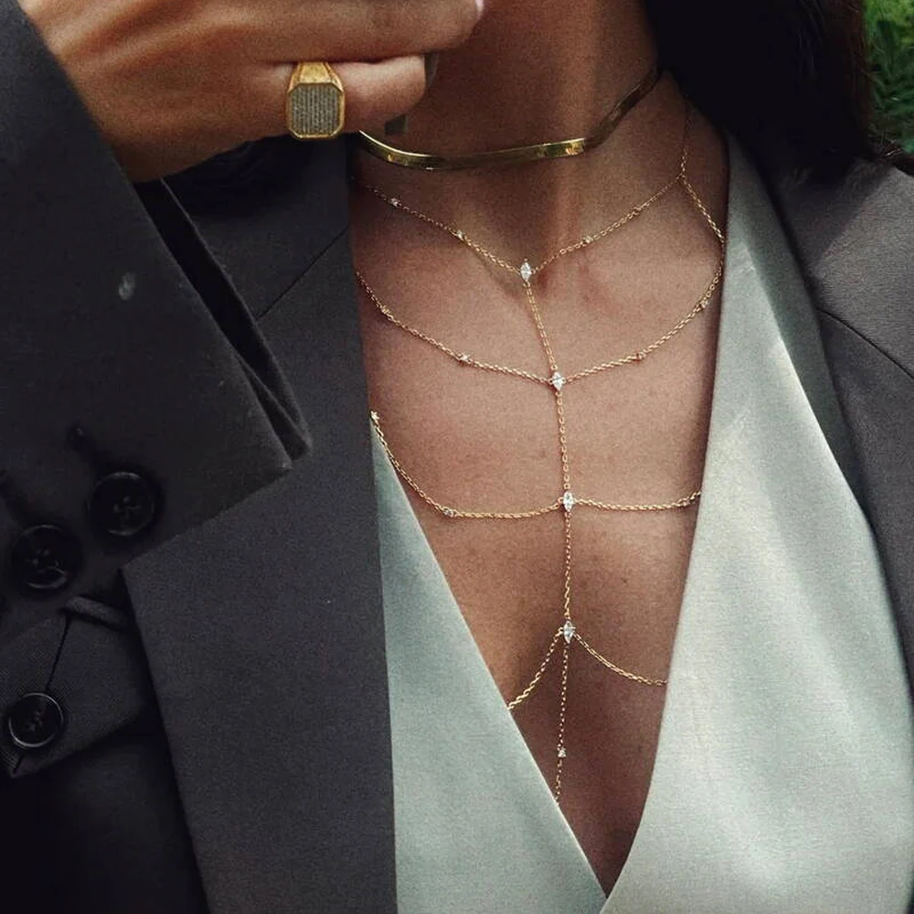 

Новое многослойное сексуальное колье-бикини золотого цвета с микроинкрустацией кубическим цирконием (CZ), роскошное модное женское украшение