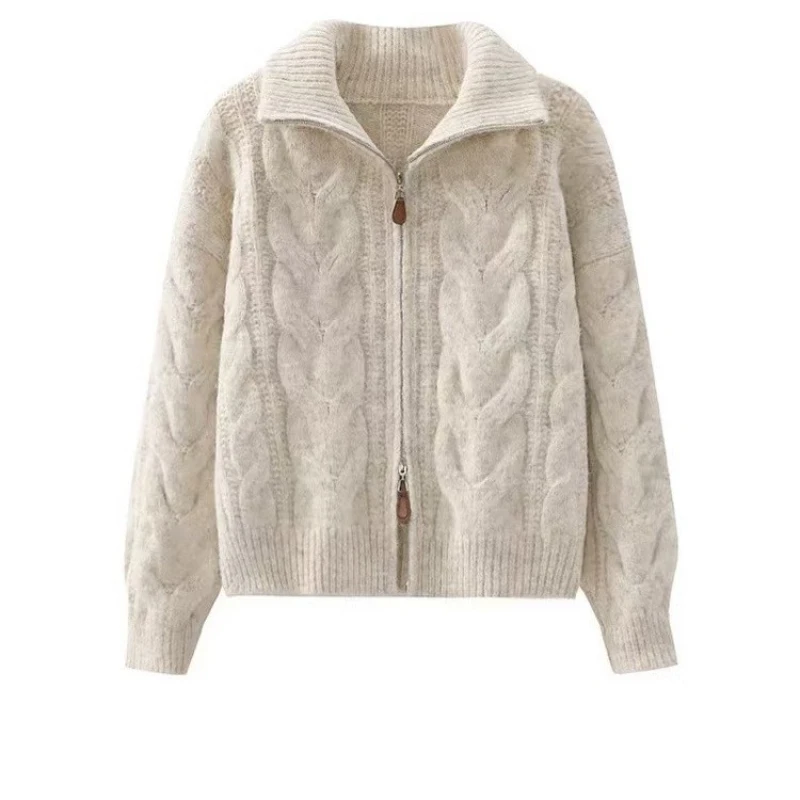 Зима 2025 года, новый ленивый стиль, жареное тесто, скручивание, дизайн, однотонный теплый свитер на молнии, пальто