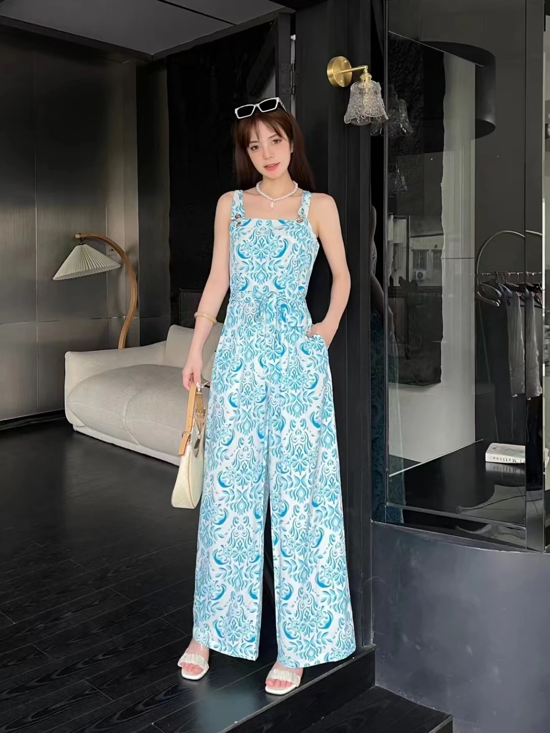 2024 New Summer Women Sexy Square Collar Strap Sashes Slim Jumpsuit Sweet Floral Print Wide Leg Long Pants Jumpsuit 9 Colors