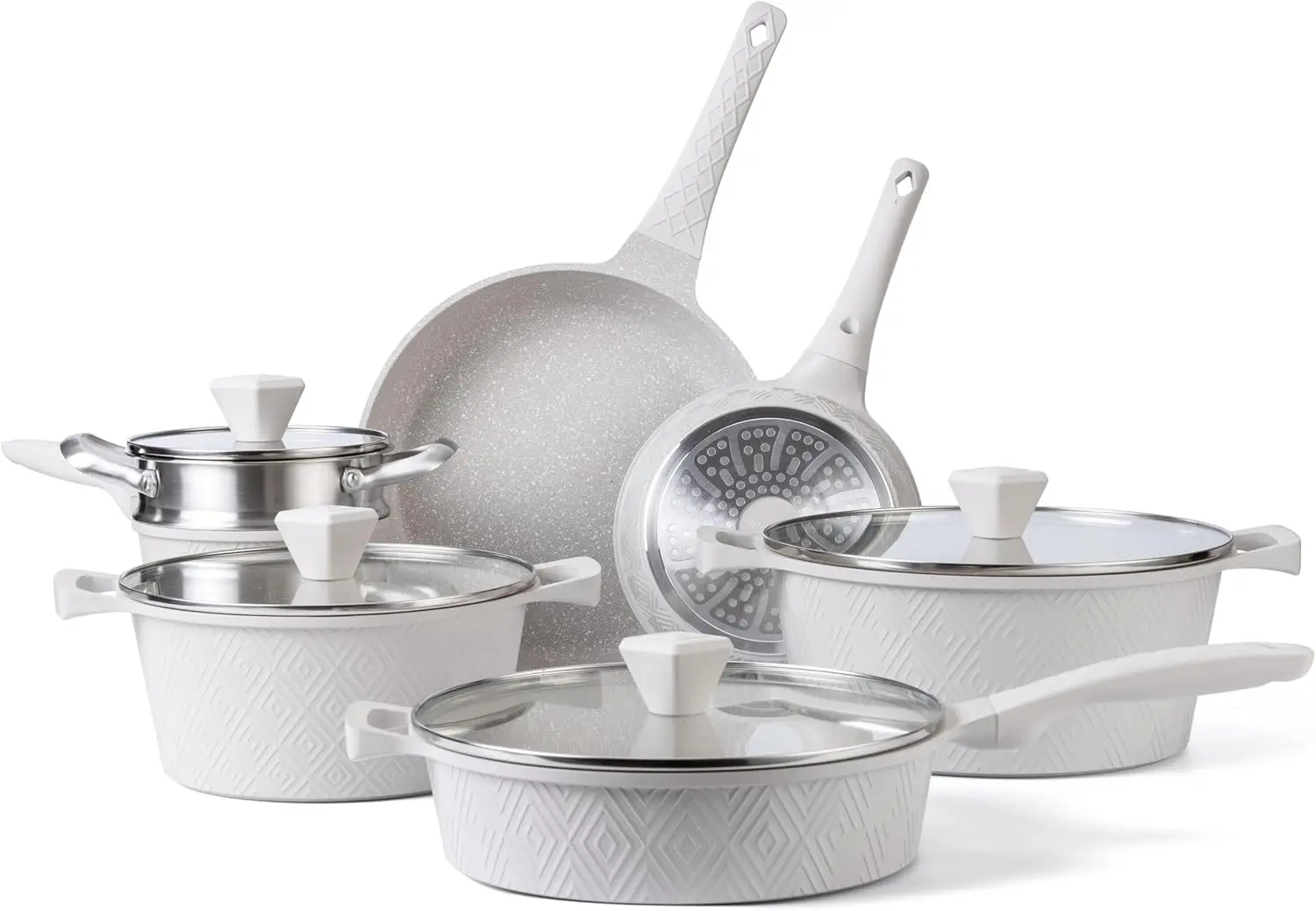 

Набор кухонной посуды из литого алюминия с антипригарным покрытием — прочная кухонная посуда для ежедневного приготовления пищи, кремовый ромб, 11 шт.