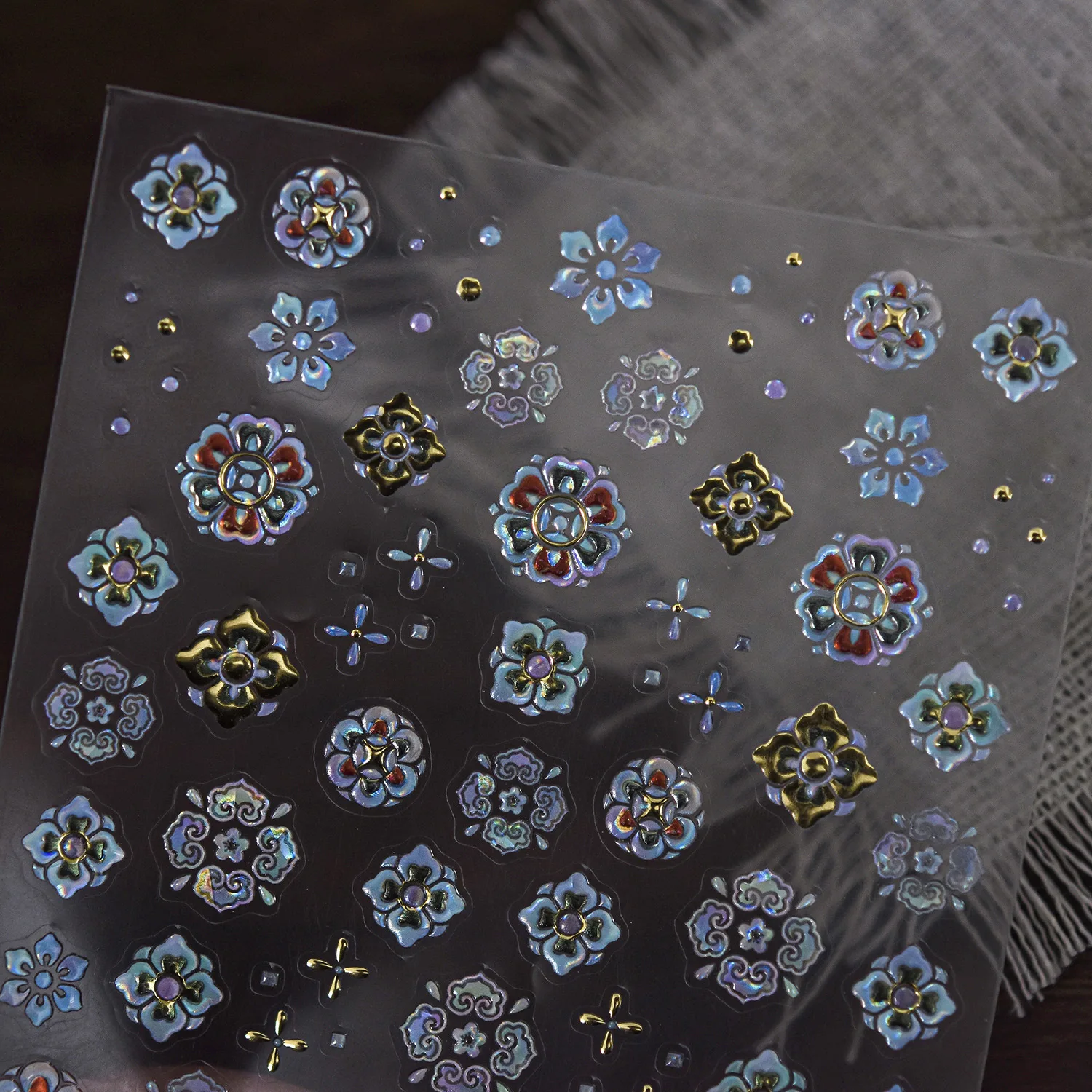New Chinese Retro Flower Iridescent Mother of Pearl 5D Nail Art Stickers Metal Cluster Flower Nail Art Decals Self Adhesive DIY