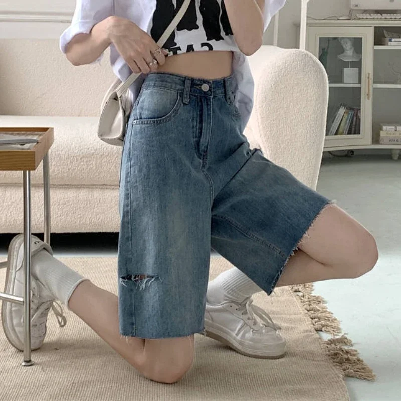 Denim shorts damesmode hoge taille eenvoudig effen ontwerp recht vrije tijd zomer gat all-match hotsweet dagelijks elegant doe oud