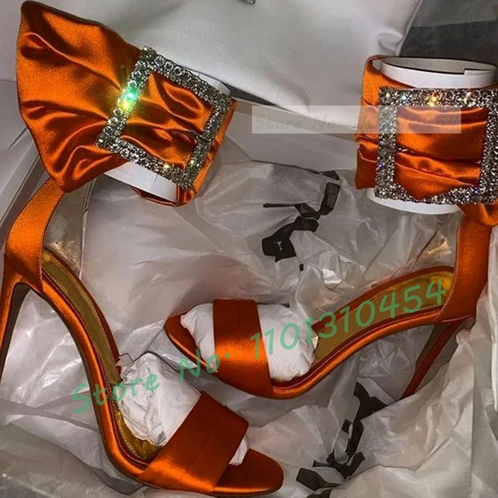 

Gems Buckled Silk Heeled Sandals For Women Fashion High Stiletto Heels Yellow Shoes Ladies Summer Luxury Open Toe Satin Sandals