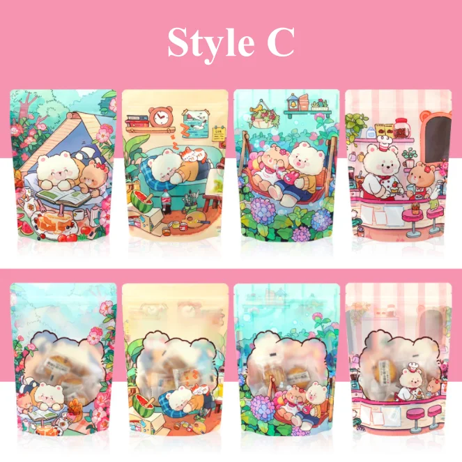 100PCS Stand-up Plastic Cartoon Ziplock Window Packaging Bag DIY Logo Sugar Candy Snack Drip Coffee Beaf Gift Storage Pouches