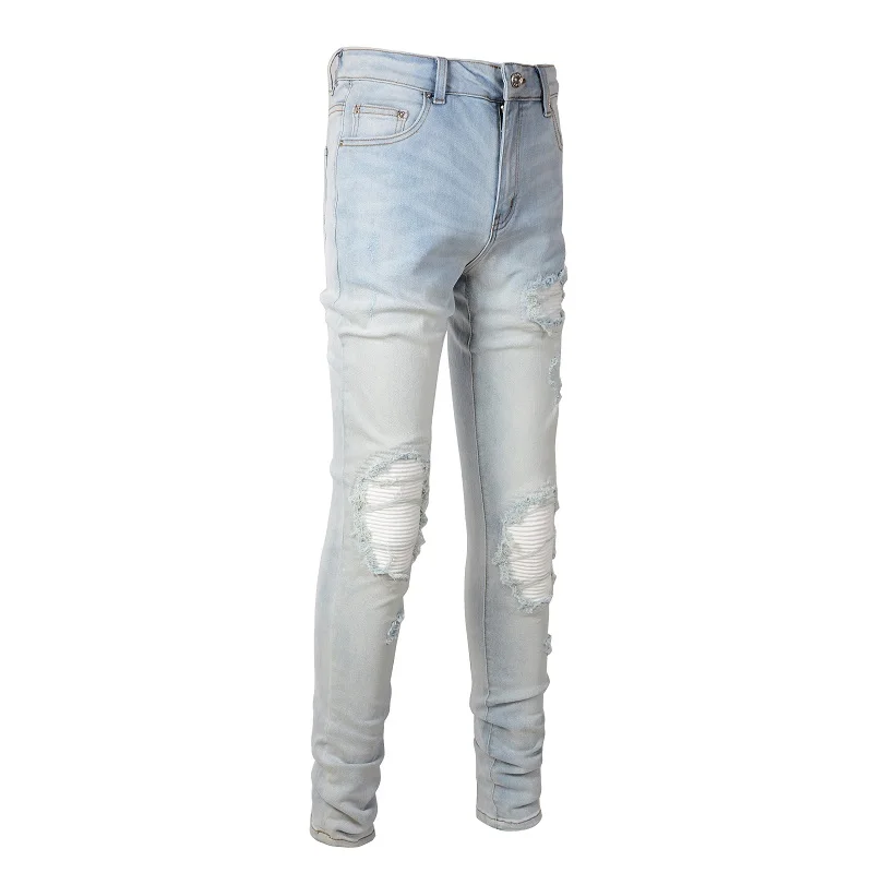 Herren Hellblaue Biker-Jeans mit Rissen, Falten und Patchwork-Design, Stretch-Denim-Hose, Streetwear, Löcher, Zerrissene Skinny-Hose – Detail 5
