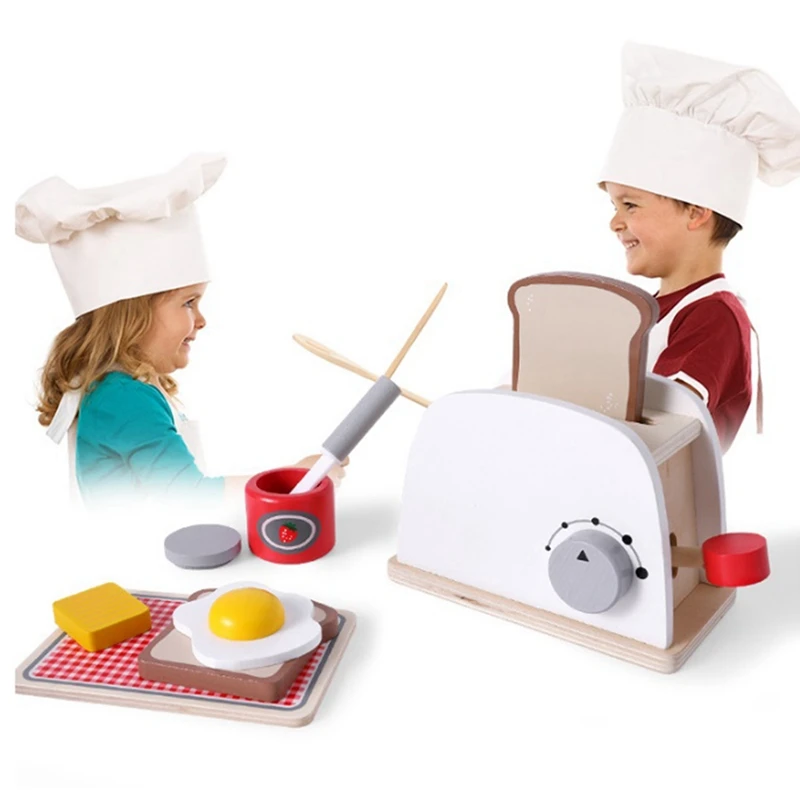 Wooden -Up Toaster Toy Play Kitchen Accessories Play Food Bread, Butter, Poached Egg Cutting Pretend Toys For Kid Durable