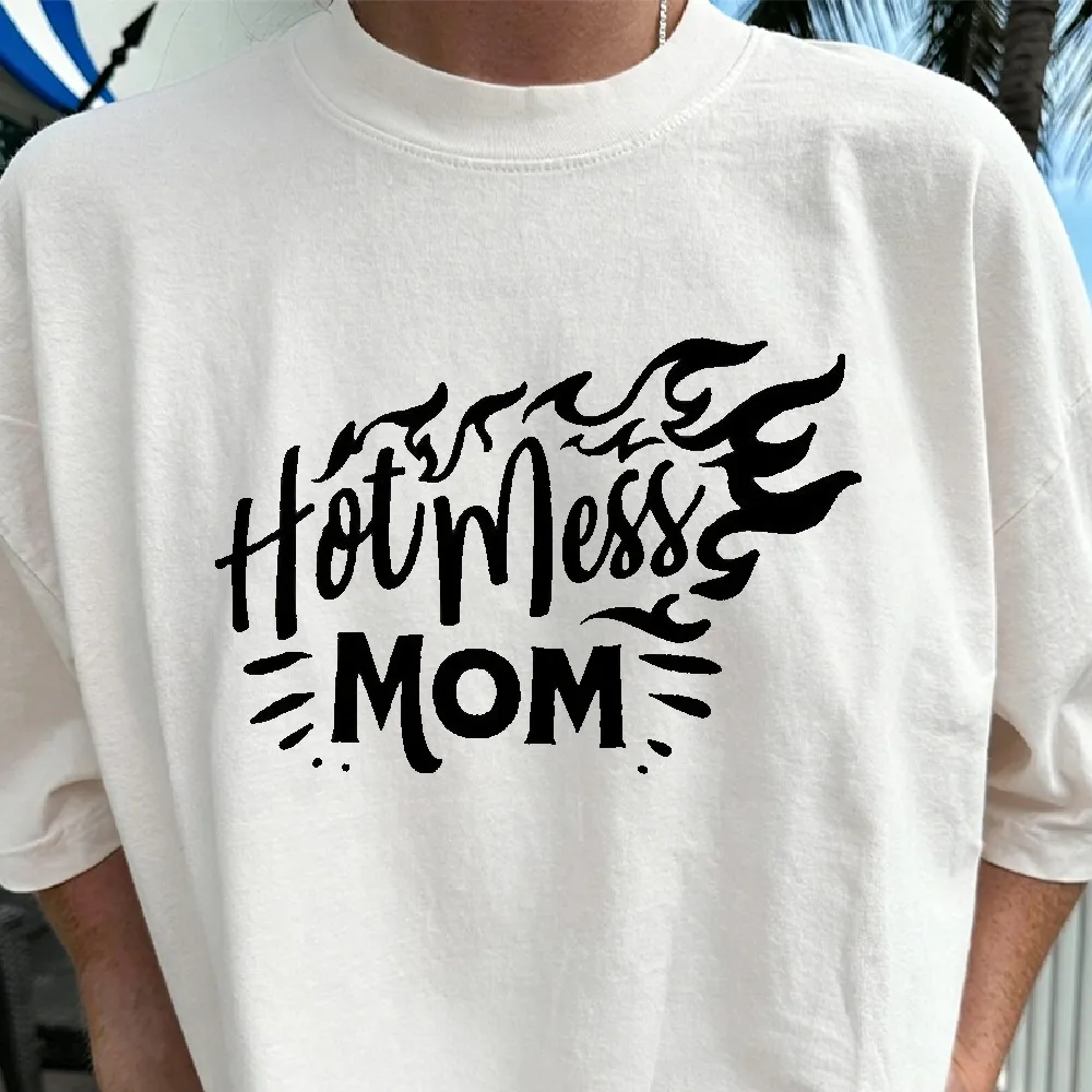 Hot Mess Mom Graphic T Shirt Retro Handwritten Text Fire Flame Print Short Sleeve Funny Mommy Life Casual Mother's Day Gift Tees