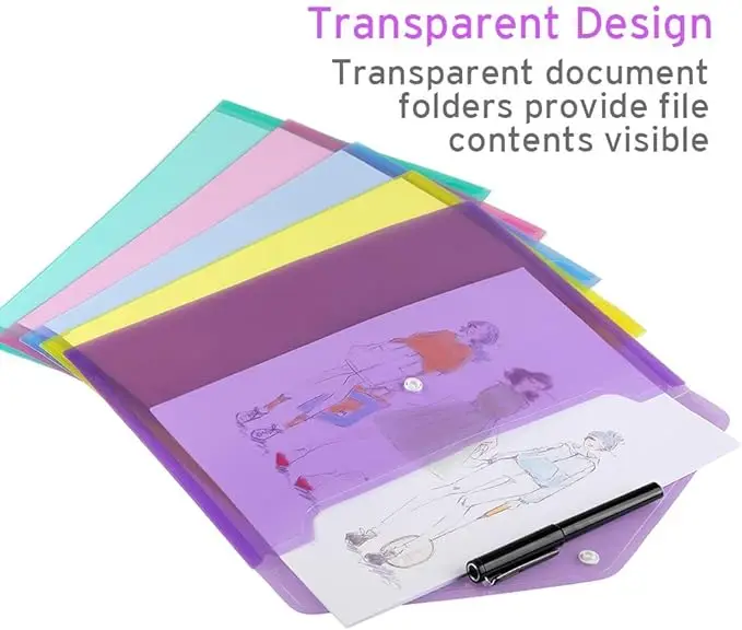 6 Pack Clear Document Folders Plastic Envelopes Poly Envelopes File Envelopes with Label Pocket and Snap Button for Home Work