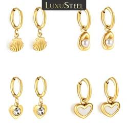 LUXUSTEEL Cubic Zirconia White Shell Heart Women's Hoop Earrings Stainless Steel Female Earring Drop Ear ring Jewelry Gifts