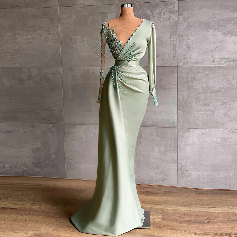 2024 Sexy Mint Green Mermaid Evening Dresses V Neck Full Sleeve Custom Female Guest Party Gowns Prom Vestidos De Noche فساتين ال