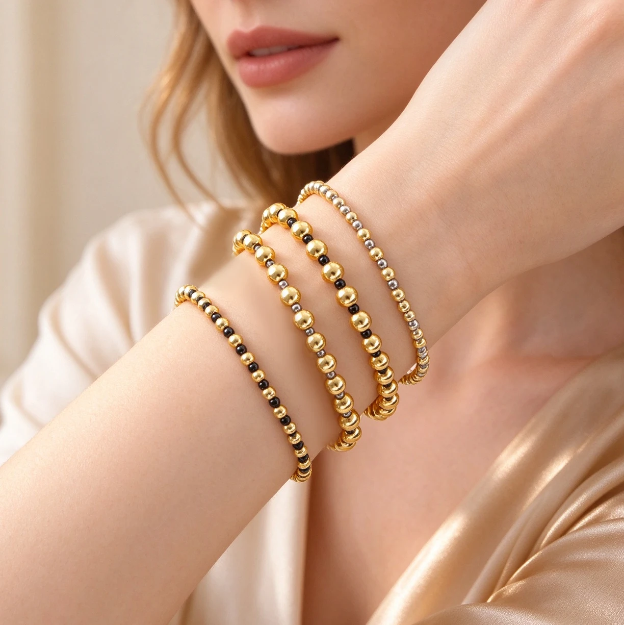 MHS.SUN Trendy Metal Ball Beaded Bracelets Mix Colors Elastic Beads Bracelet Banquet Party For Women Girls Jewelry Gifts