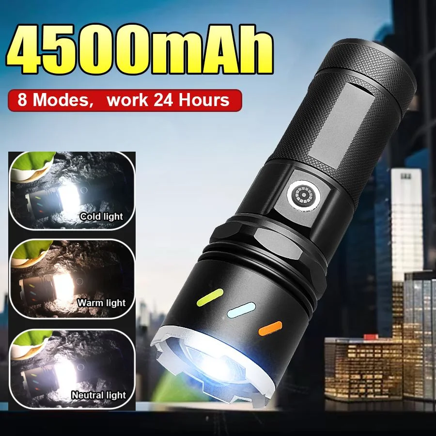 2025 Latest Rechargeable Led Flashlight Most Powerful Torch Light 4500mAh 8 Modes Power Bank Long Range Lamp for Camping Fishing