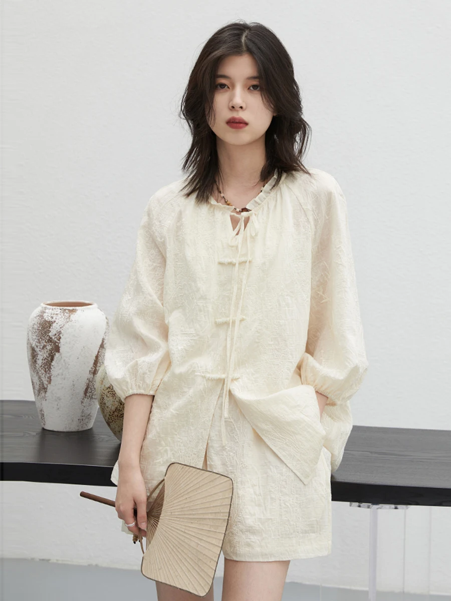 CHIC VEN Women Shirts New Chinese Style Embroidered Tops Loose Fashion Blouse Shorts Set Female Clothing Summer New 2024