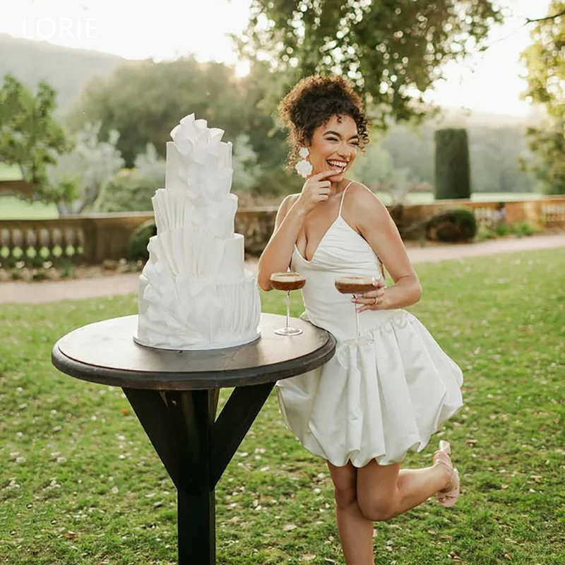 

LORIE Chic Stain Wedding Dresses V-Neck Spaghetti Straps Pleats Bride Prom Gown Cute Mini Bridal Gowns Customized