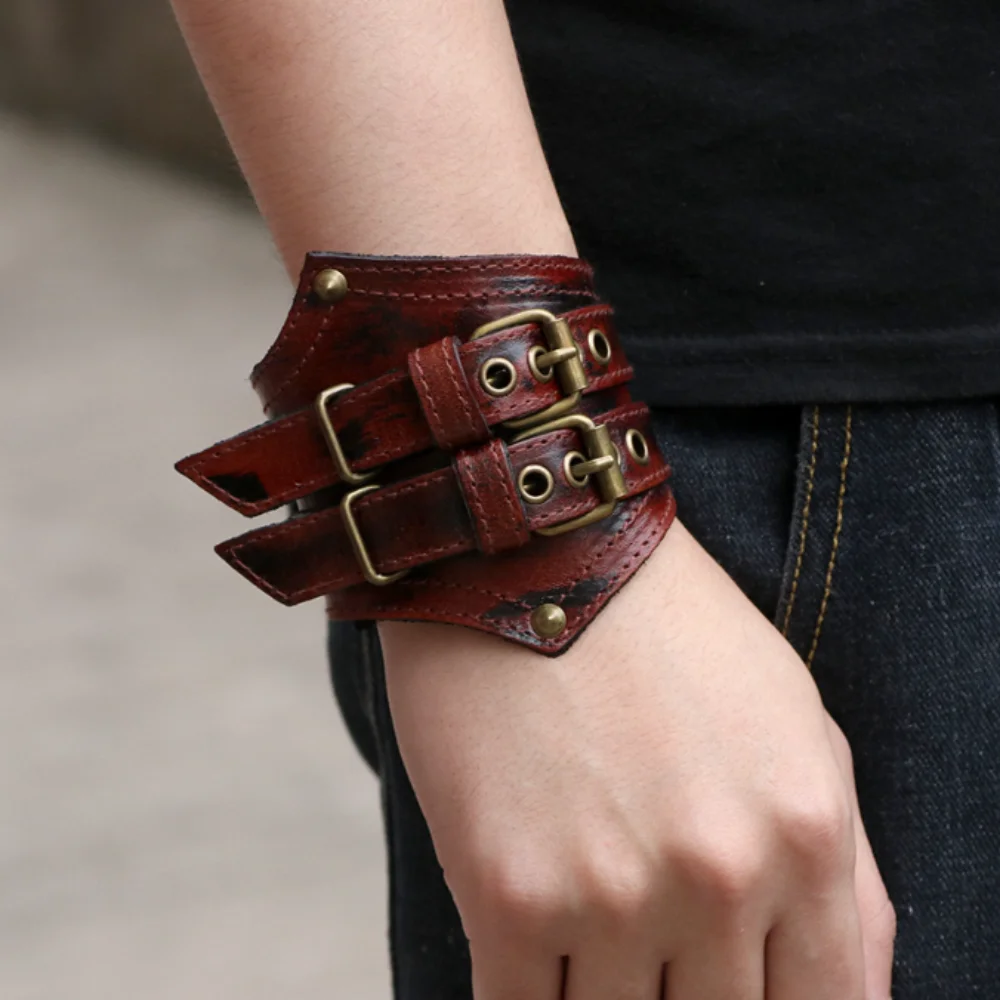 Rock Retro Cowhide Men's Bracelet Two-layer Cowhide Men's Bracelet Wide Leather Bracelet Lovers Gift