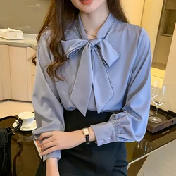 2022 Korean Loose Tops Spring Satin Fashion Chiffon Blouse Women White Office Lady Clothes with Bow Blue Long Sleeve Shirt 10691