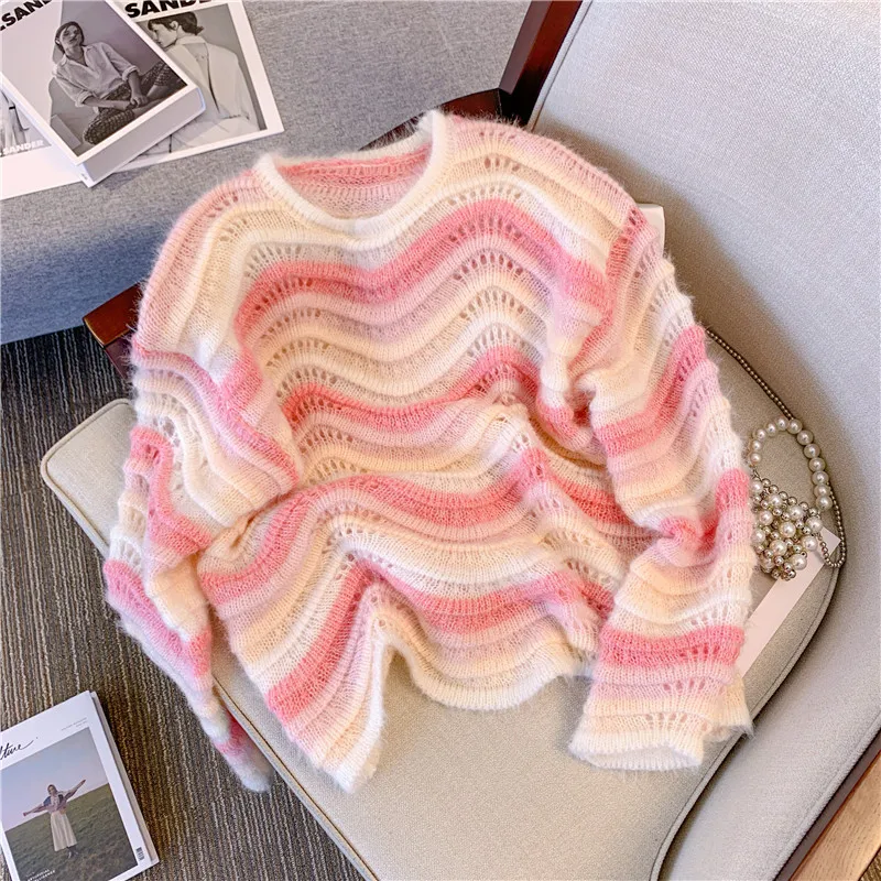 Will spot the rainbow striped sweater female new winter loose show thin brim bump color round collar turtleneck sweater