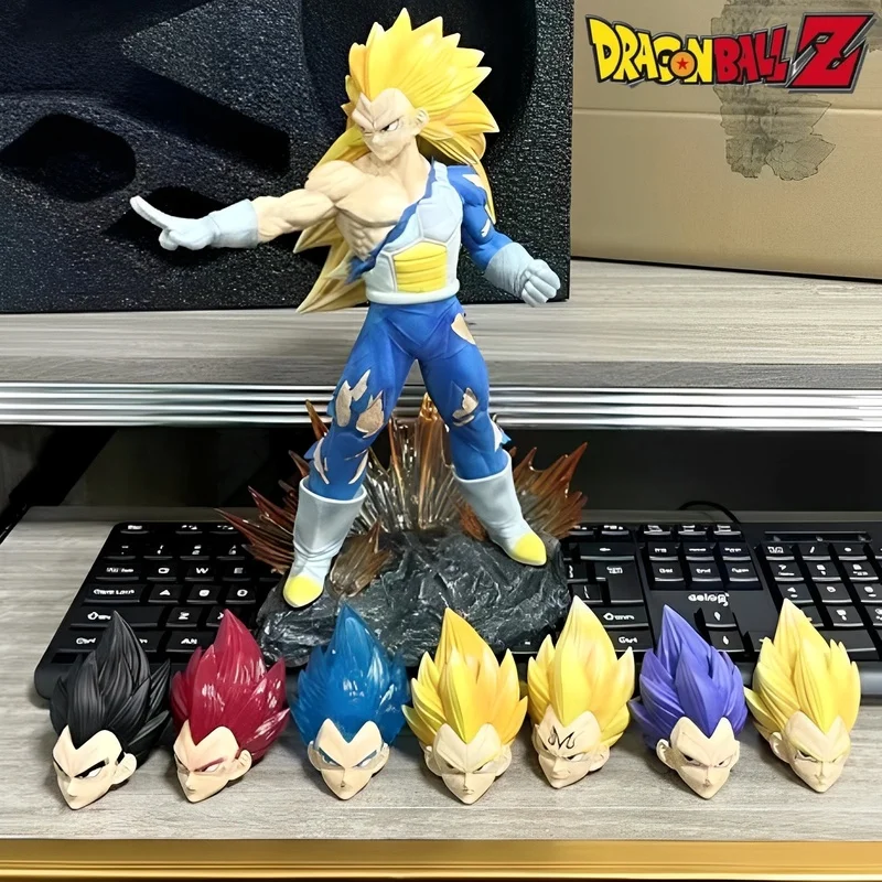 Dragon Ball 29cm Figures Ssj3 Vegeta Anime Figures Eight Head Replaceable Model Pvc Statue Collection Decoration Doll Toys Gift