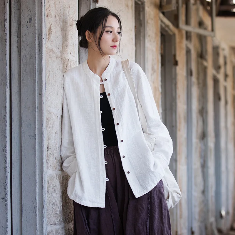 

Stonewashed Mandarin Collar Blouse - Ramie Cotton Blend Bohemian Style Shirt