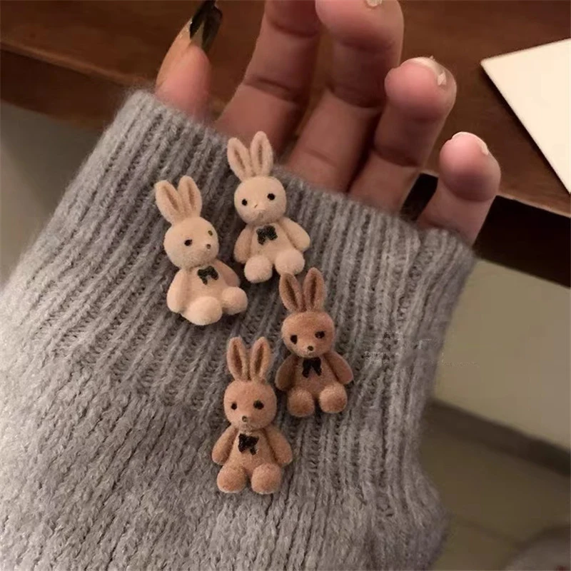 Flocking Plush Rabbits Bears Stud Earrings Brown Khaki Animal Drop Earrings For Women Girls Cute Earring Jewelry Brincos Gifts