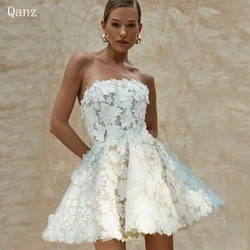 Qanz A Line Boho Short Wedding Dresses Sleeveless Strapless 3D Flowers Above Knee Bridal Gown Women Vestidos De Novia Customized