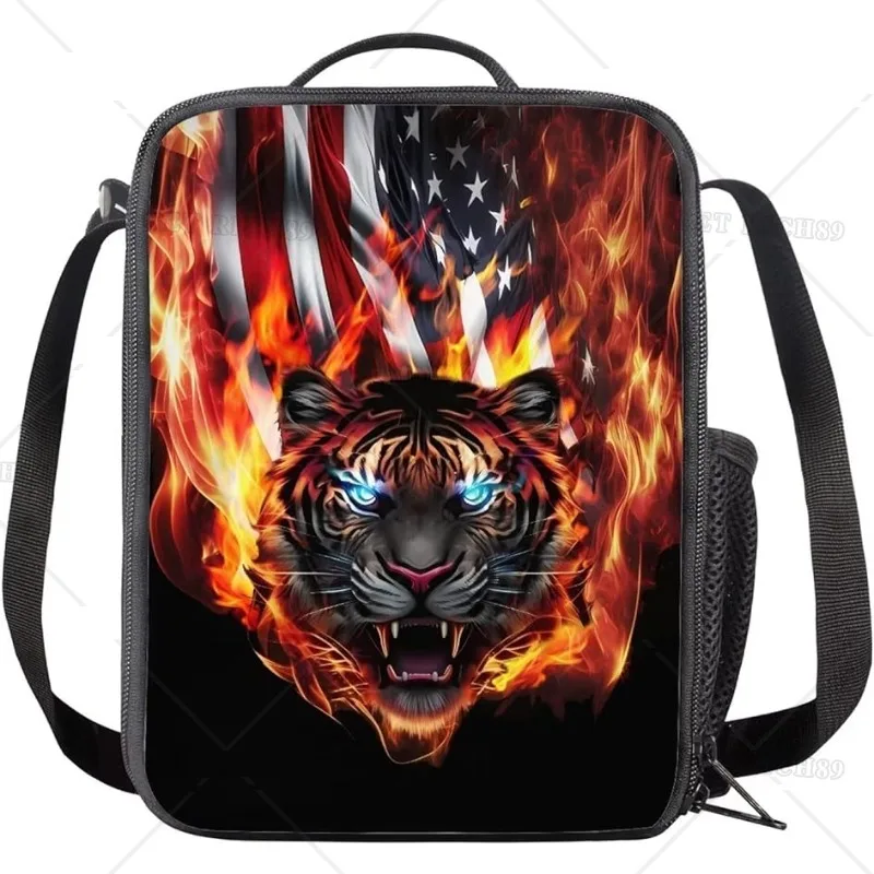 Flaming Flag Tiger Print Lunch Bag for Men Women Kids Boys Girls Warmer Portable Lunch Box with Pocket for Work School Office