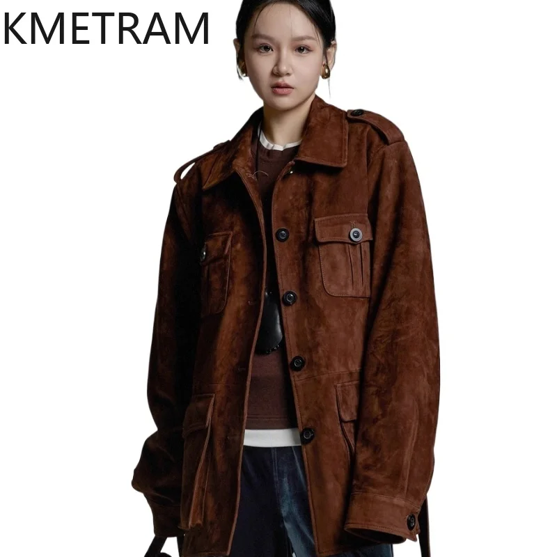 KMETRAM Giacca in pelle da donna in pelle di pecora naturale al 100% con cintura Retro Marrone Genuino abbigliamento femminile Autunno 2025 di media lunghezza пikusьто